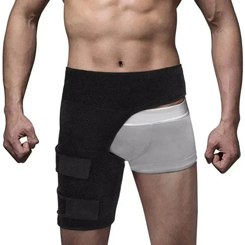Adjustable black hip brace for sciatica and groin pain relief with compression support wrap on male model