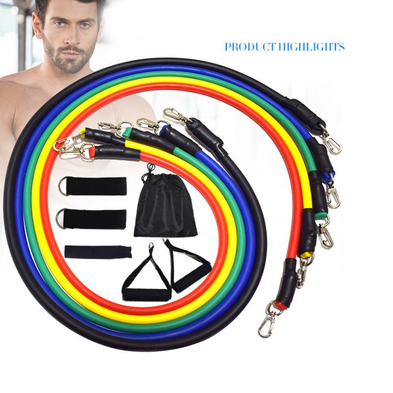 Men’s resistance band set with padded handles and color-coded bands for strength training and fitness