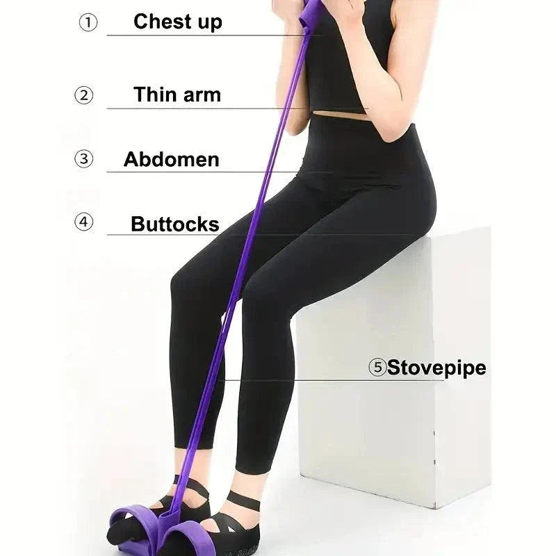 Woman using purple multifunctional pedal resistance elastic sit-up bands for full-body workout targeting chest, arms, abdomen, buttocks, and legs