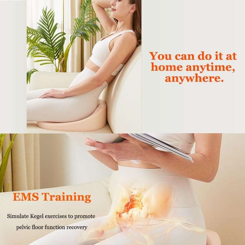Woman using Women Pelvic Floor Muscle postpartum exercise trainer at home for EMS Kegel training and pelvic floor recovery