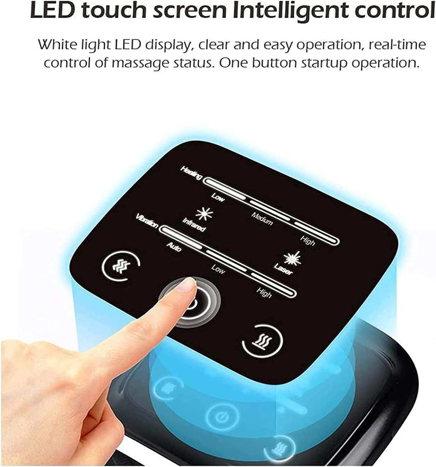 LED touch screen control panel of cordless physiotherapy hot compress knee massager showing vibration and heat settings