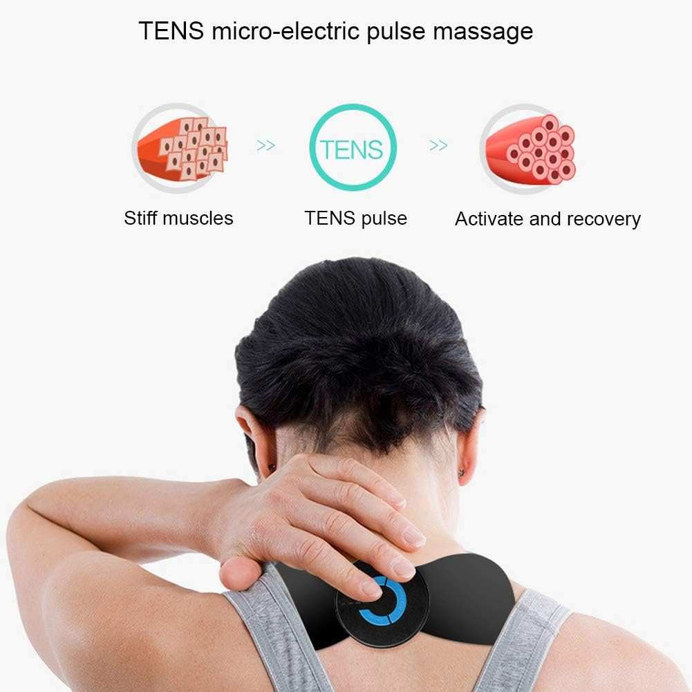 Woman using portable mini neck and body massager on neck for TENS pulse therapy to relieve muscle stiffness and promote recovery