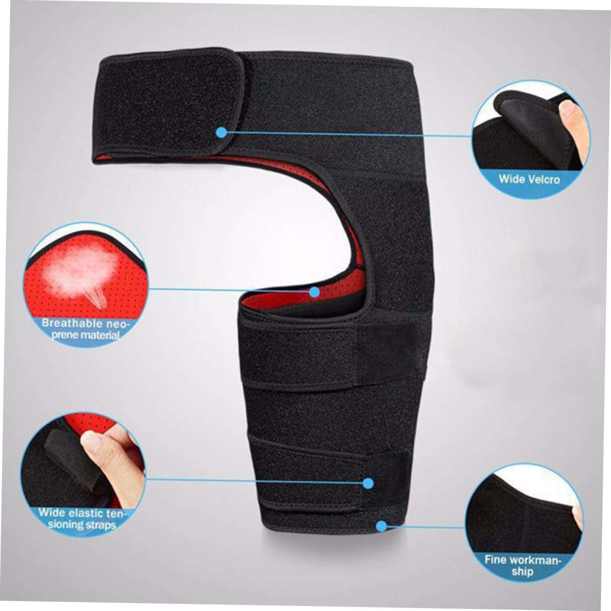Hip brace for sciatica with breathable neoprene, wide Velcro straps, elastic tensioning, and fine workmanship for compression therapy and pain relief.
