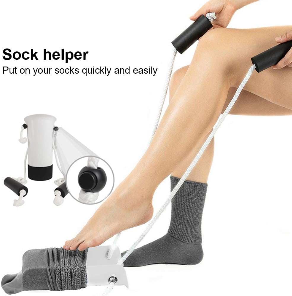 No bending Sock Aid Kit with funnel-shaped adapter and adjustable cord for easy sock and shoe dressing