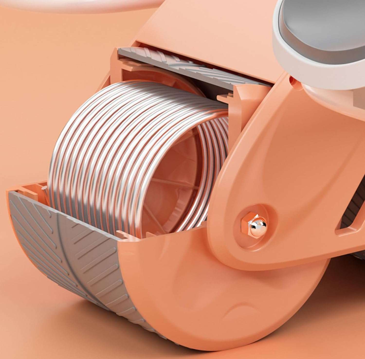 Close-up of the automatic rebound system coil in the Elbow Support Rebound Abdominal Wheel core trainer wheel mechanism
