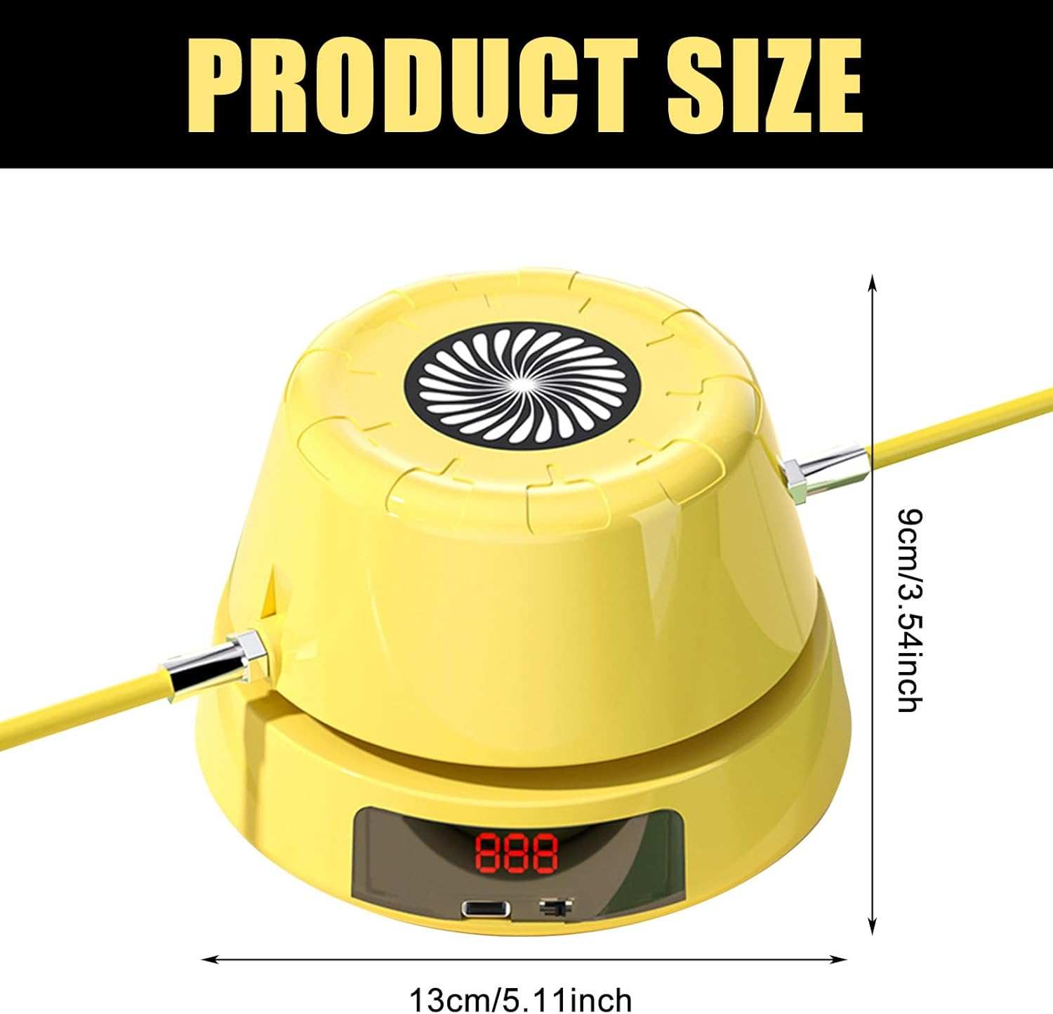 Yellow automatic electric skipping machine with LED display and compact design showing product size