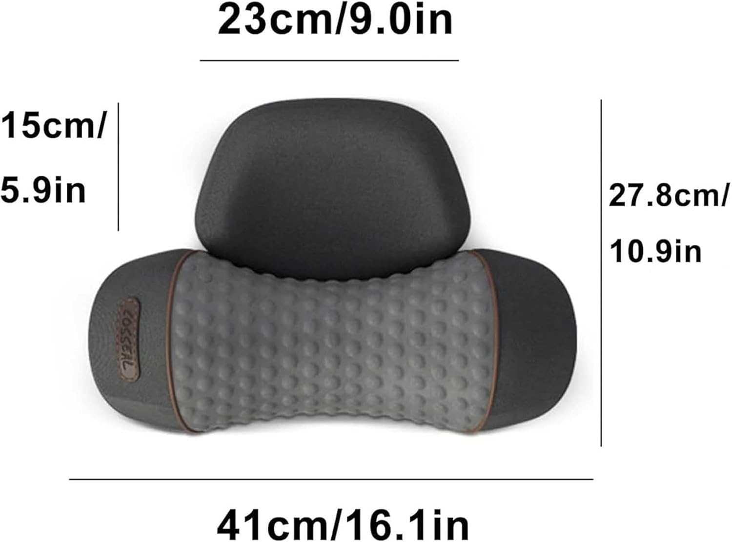 Black electric vibration massager cervical pillow with ergonomic contoured design and dimensions 16.1 x 10.9 x 10.9 inches for neck pain relief and spinal alignment.