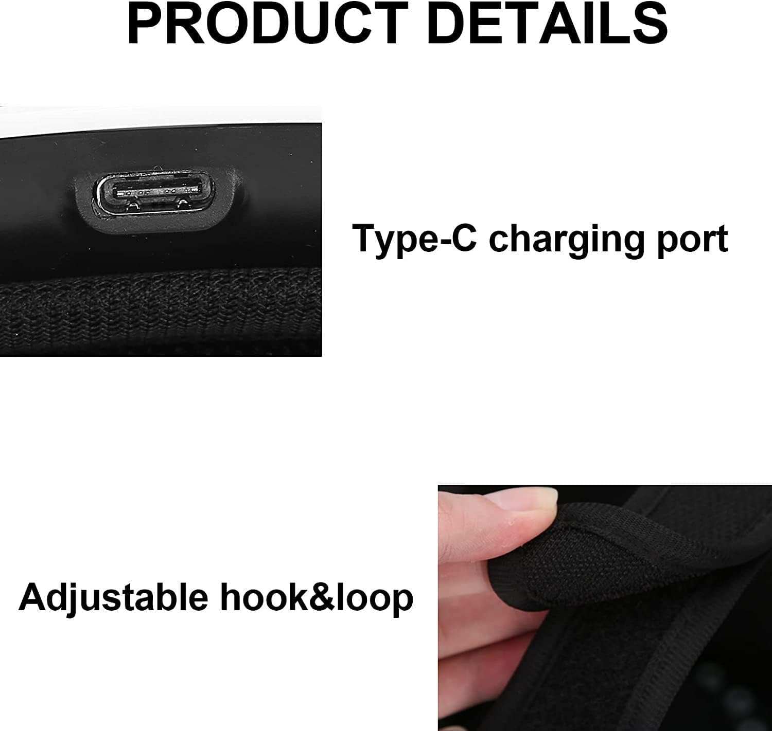 Cordless physiotherapy hot compress knee massager with Type-C charging port and adjustable hook and loop strap for heat and vibration therapy.