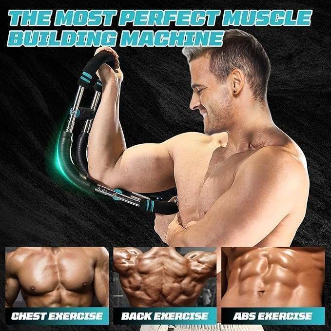 Man using Twister Arm Trainer for chest, back, and abs muscle building with adjustable resistance and ergonomic design