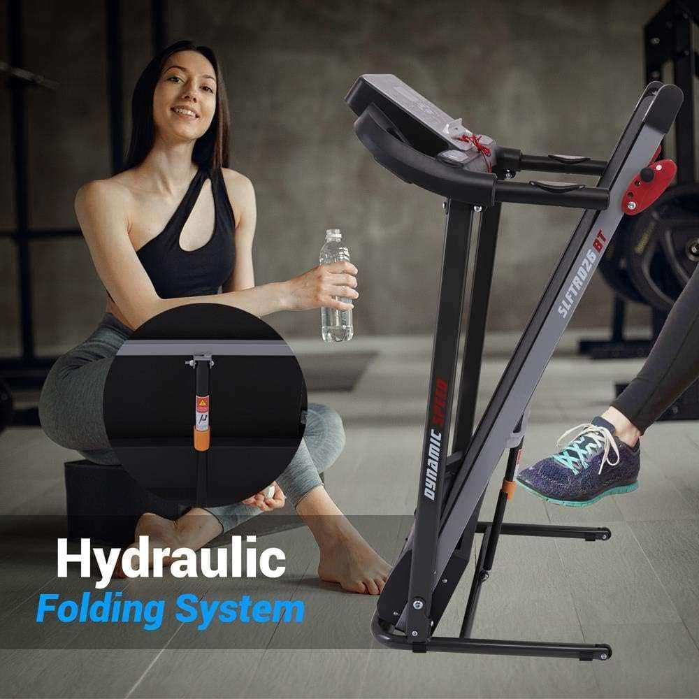 Folding Electric Treadmill with hydraulic folding system, LCD display, Bluetooth connectivity, and compact design for home workouts