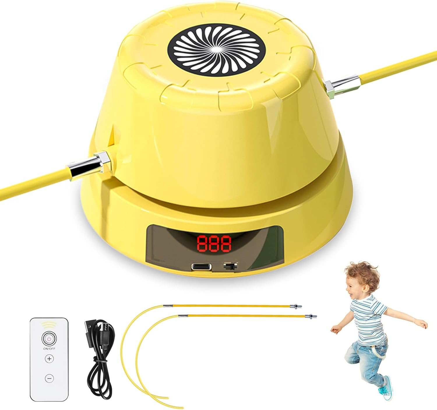 Compact yellow automatic electric skipping machine with LED display, smart remote, and USB charging, designed for hands-free jump rope workouts.