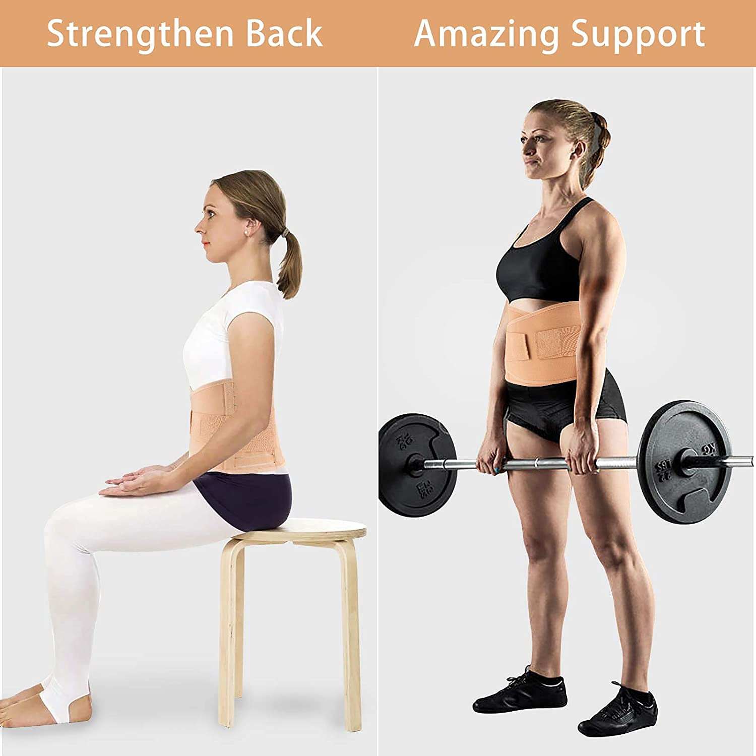 Women wearing grey back support belt for lumbar sacral support and posture correction during sitting and weightlifting