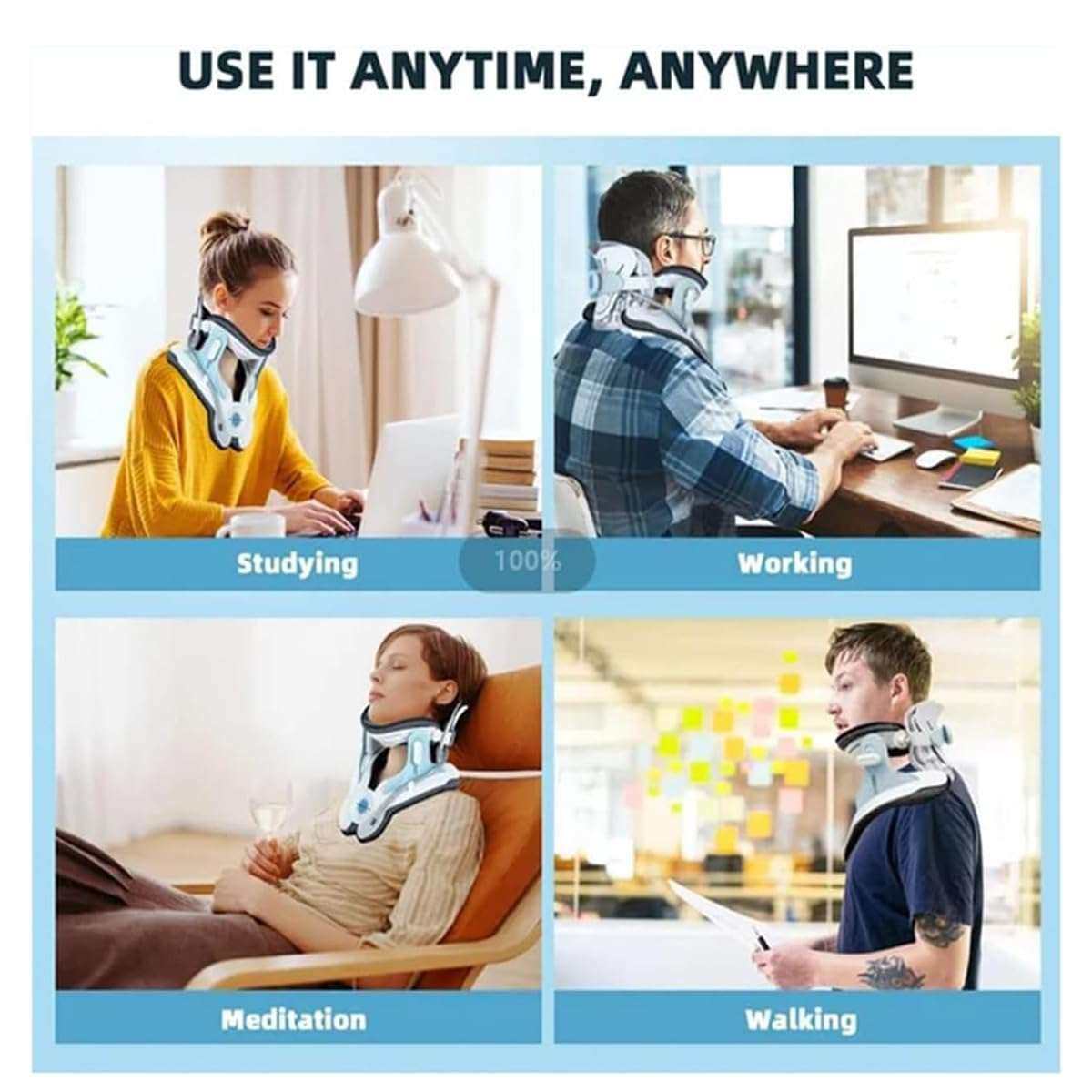 People wearing cervical neck stretcher with 8 airbags and triple traction while studying, working, meditating, and walking