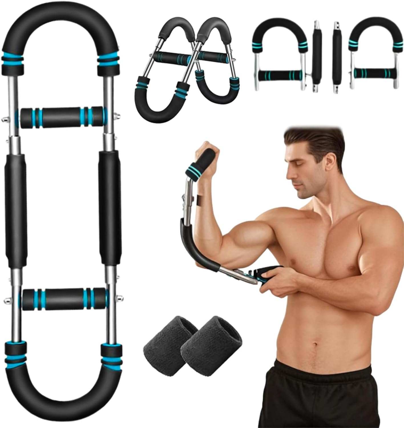 Adjustable Twister Arm Trainer with foam grips for chest and arm workouts, shown with a muscular man demonstrating use