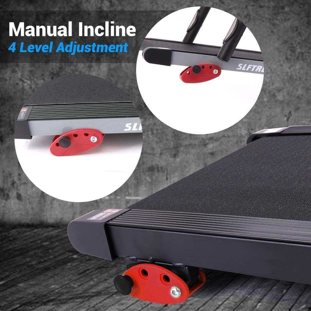 Folding electric treadmill with manual 4-level incline adjustment and sturdy running belt close-up