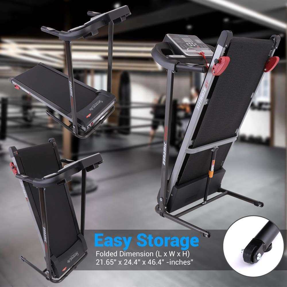 Folding Electric Treadmill with LCD display, Bluetooth, hydraulic folding system, and compact storage for home workouts.
