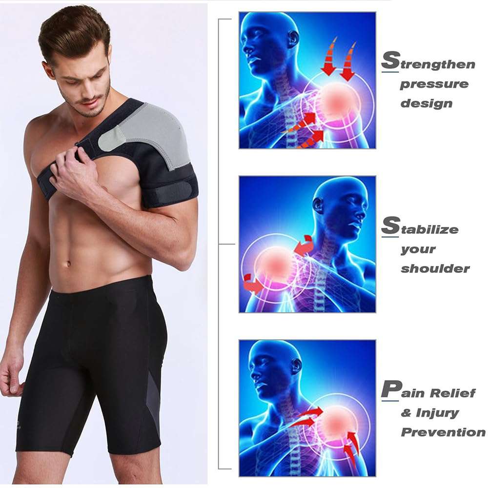 Man wearing Shoulder Brace with Compression Support and adjustable straps for shoulder pain relief and injury prevention