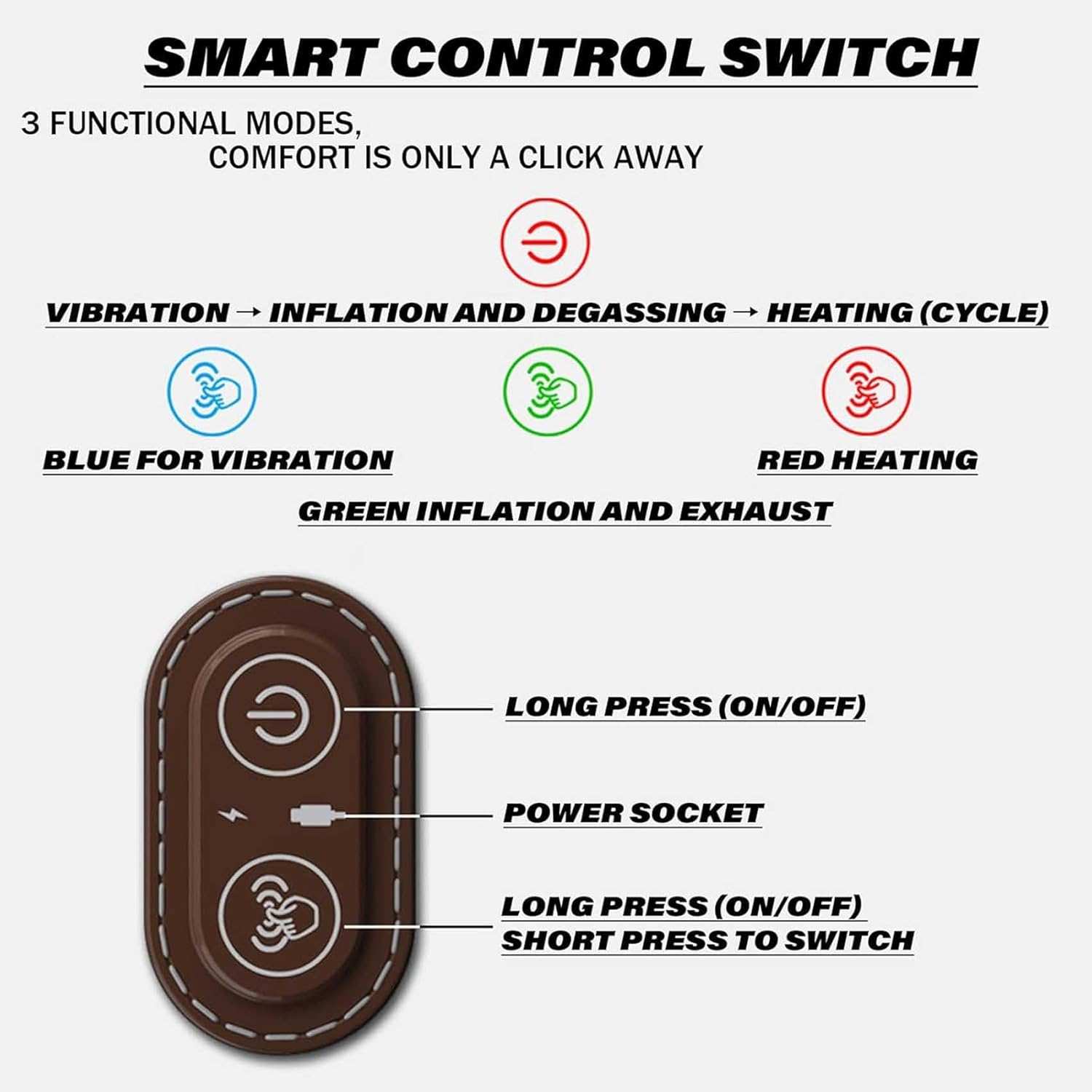 Electric vibration massager smart control switch with vibration, inflation, and heating modes