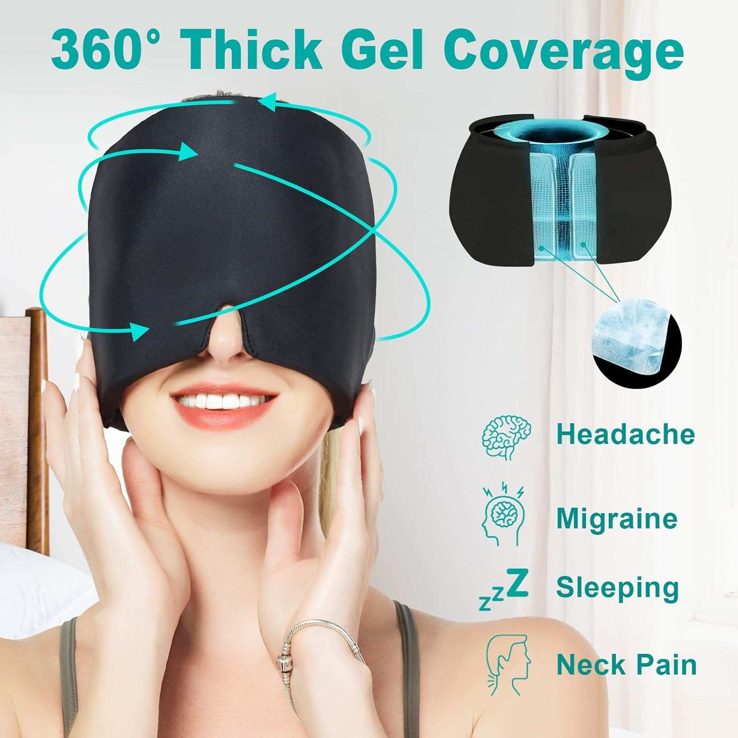 Woman wearing Headache Relief Hat with cooling gel and 360° compression for migraine and neck pain relief