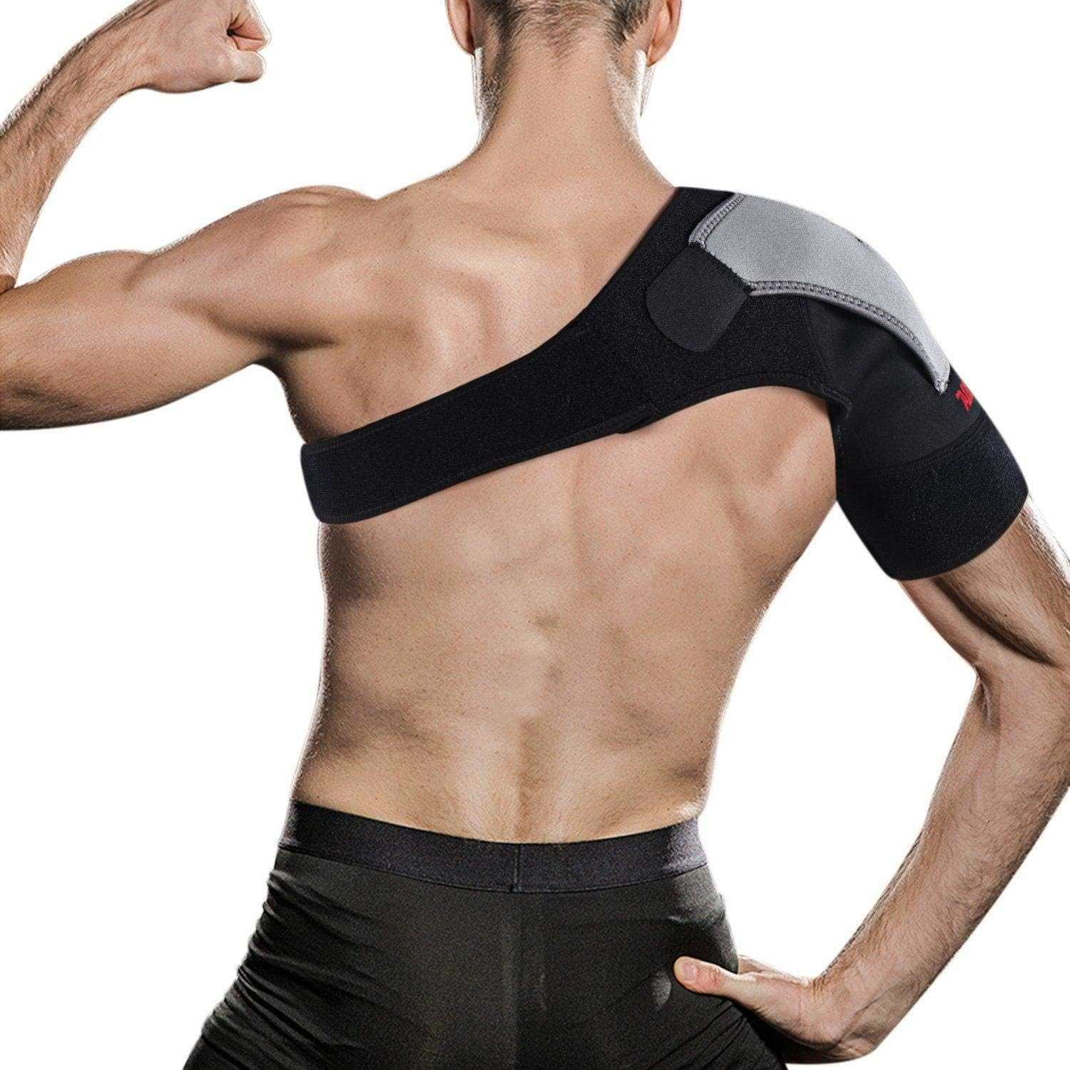 Man wearing adjustable shoulder brace with compression support for injury recovery and pain relief