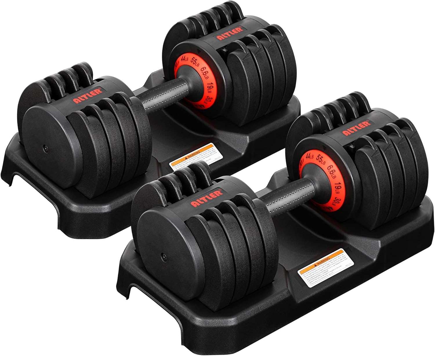 Adjustable 55LB dumbbell set with tray, black cast iron weights with red dial for quick adjustment and anti-slip handles.