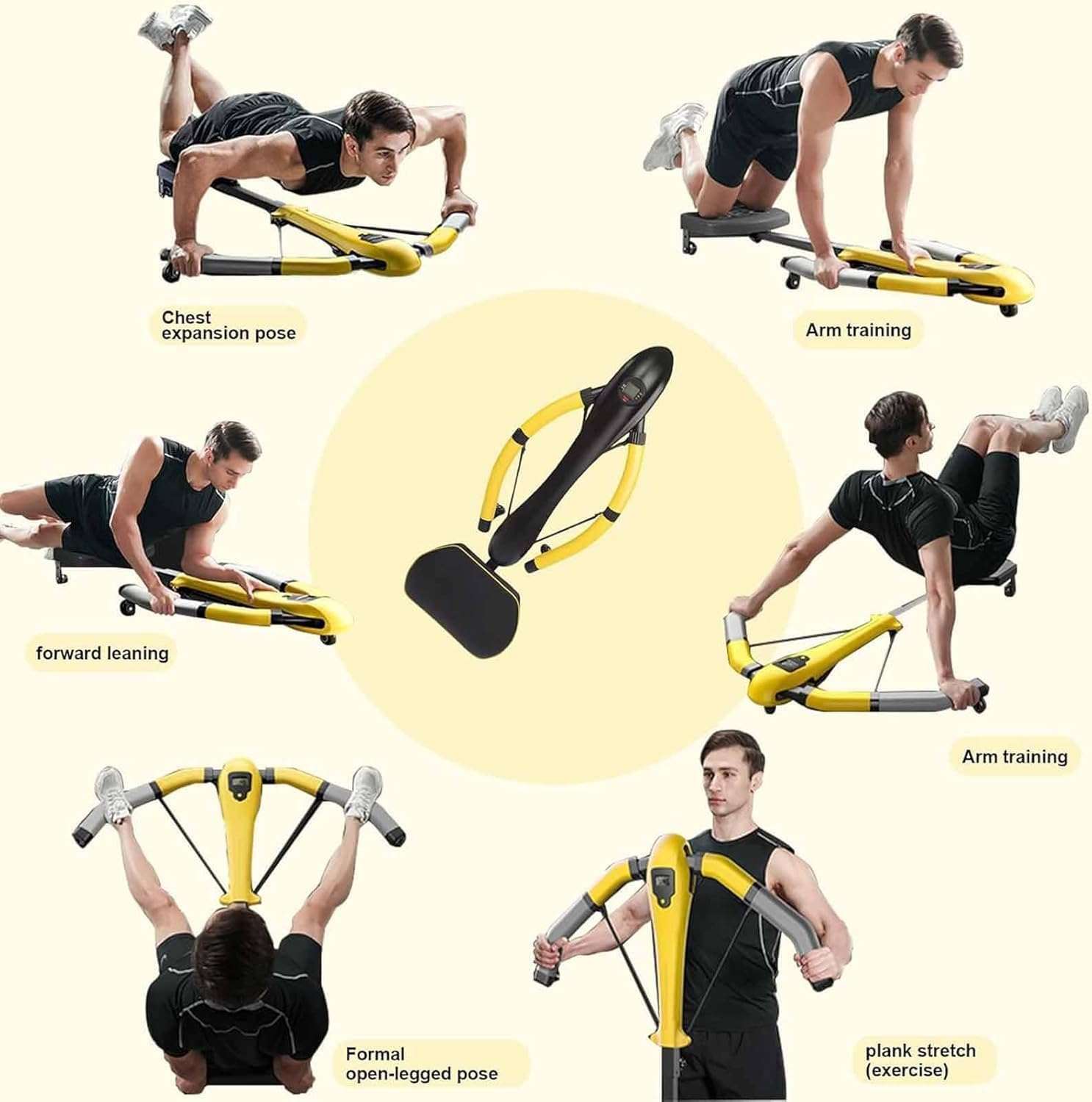 4-in-1 Core Trainers Dragonfly Rowing Machine for full-body workouts, including ab roller, rowing, push-ups, and arm training.