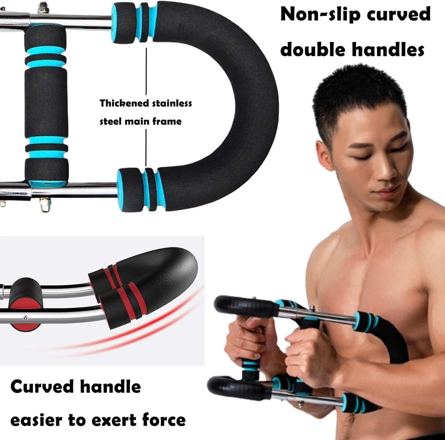 Twister Arm Trainer with adjustable resistance and non-slip curved foam handles for chest and arm workouts