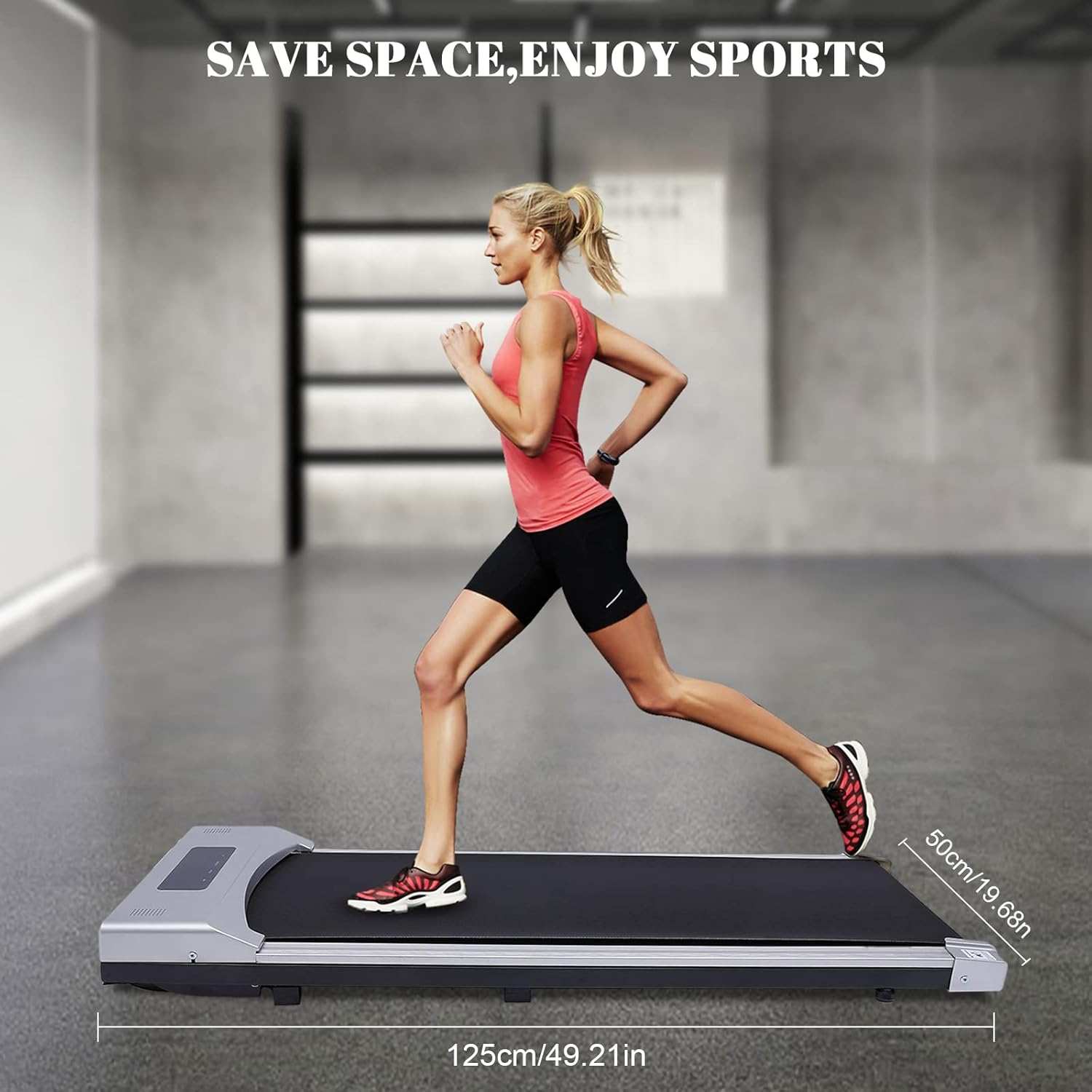 Electric treadmill portable under desk walking pad with remote in use, compact foldable design with quiet motor.