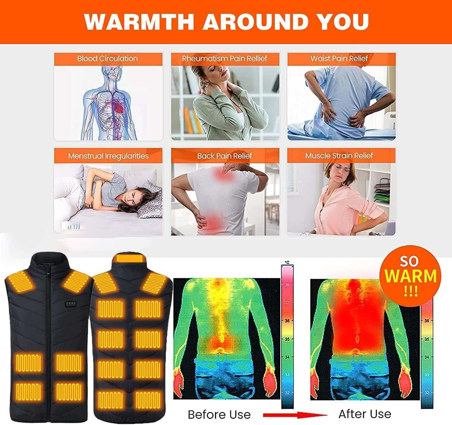 Unisex warming heated vest with multiple heating zones for targeted full-body warmth and pain relief.
