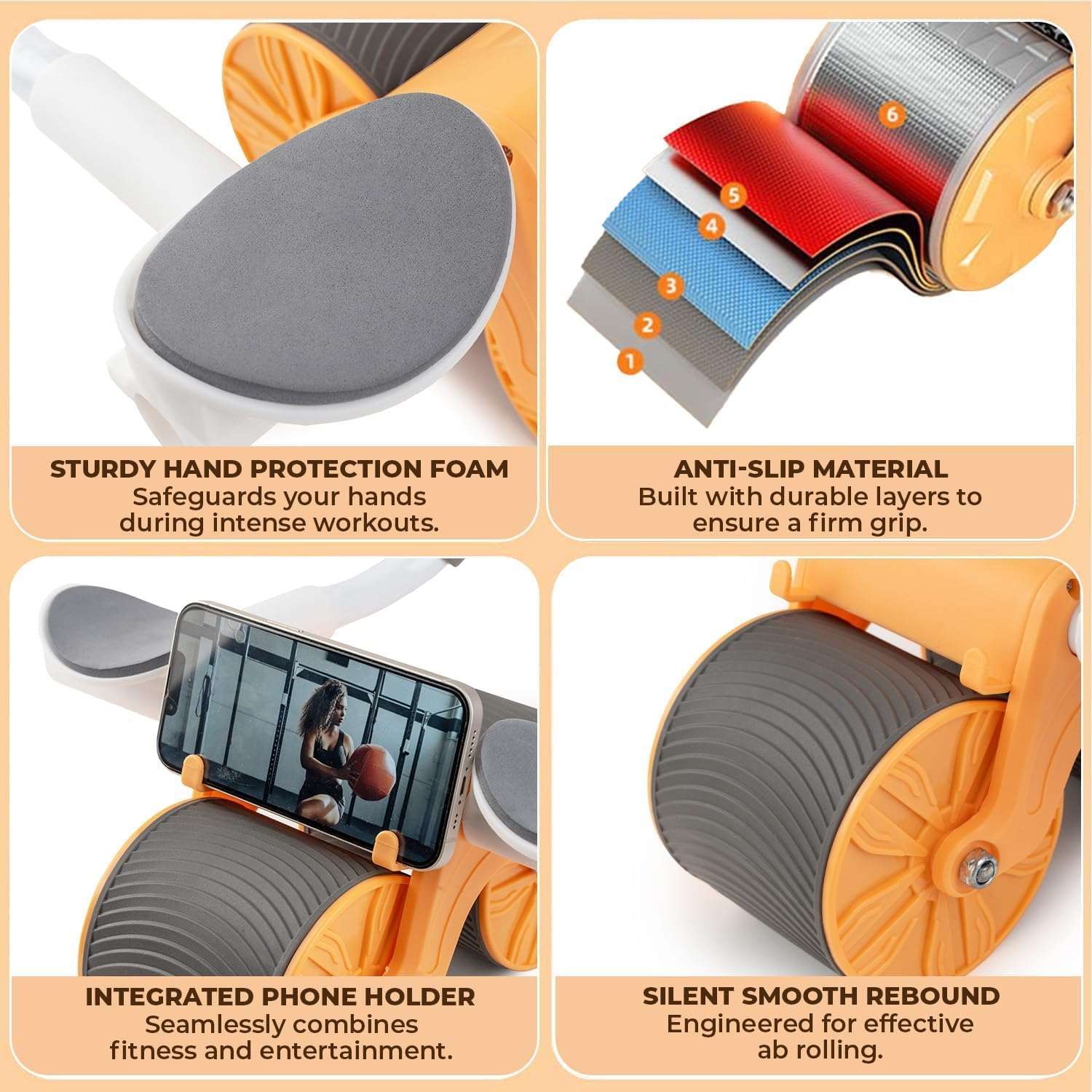 Elbow Support Rebound Abdominal Wheel with ergonomic foam handles, wide anti-slip wheel, integrated phone holder, and silent rebound system for core workouts.