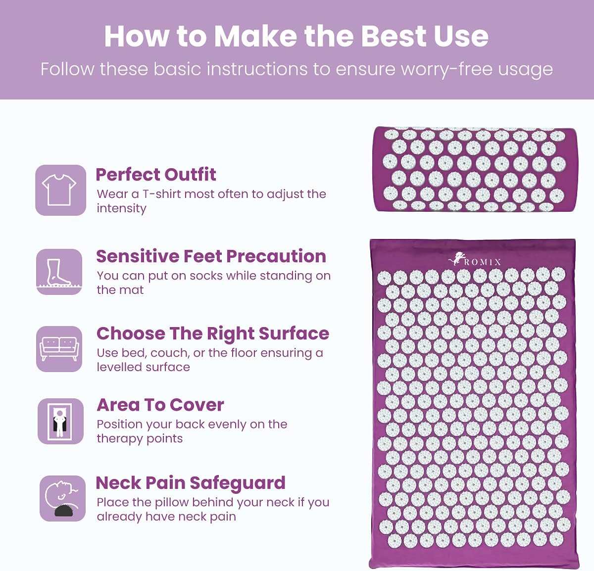 Purple acupressure cushion massage mat with plastic spikes for neck and back pain relief and muscle relaxation