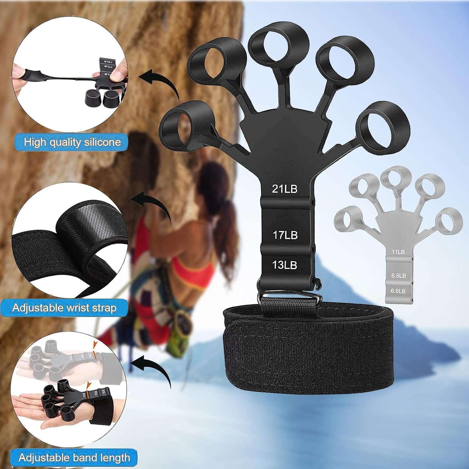 Pro Wrist & Forearm Strength Trainer with adjustable resistance, silicone material, and wrist strap for grip and forearm strengthening.