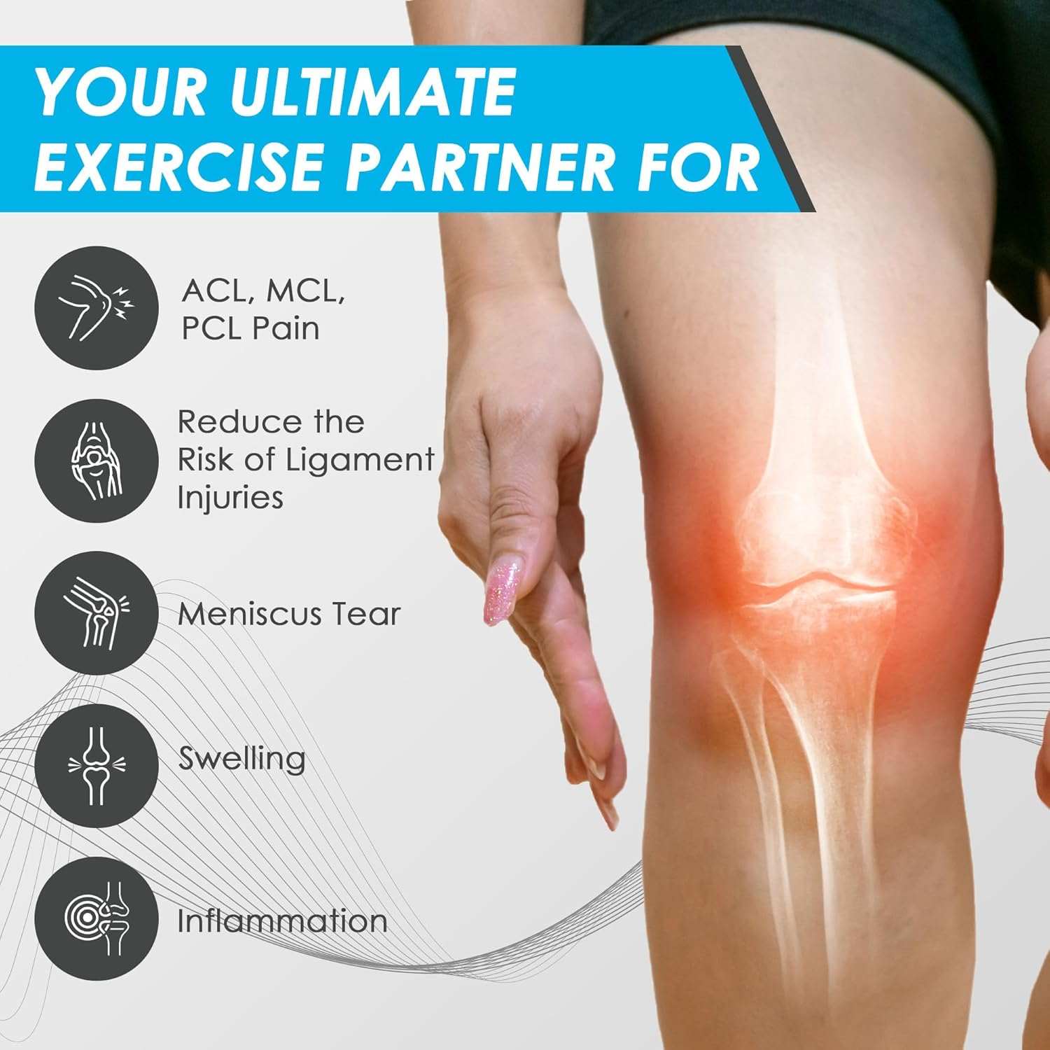 Knee brace with patella gel pad providing support for ACL, MCL, PCL pain, ligament injury prevention, meniscus tear, swelling, and inflammation relief.