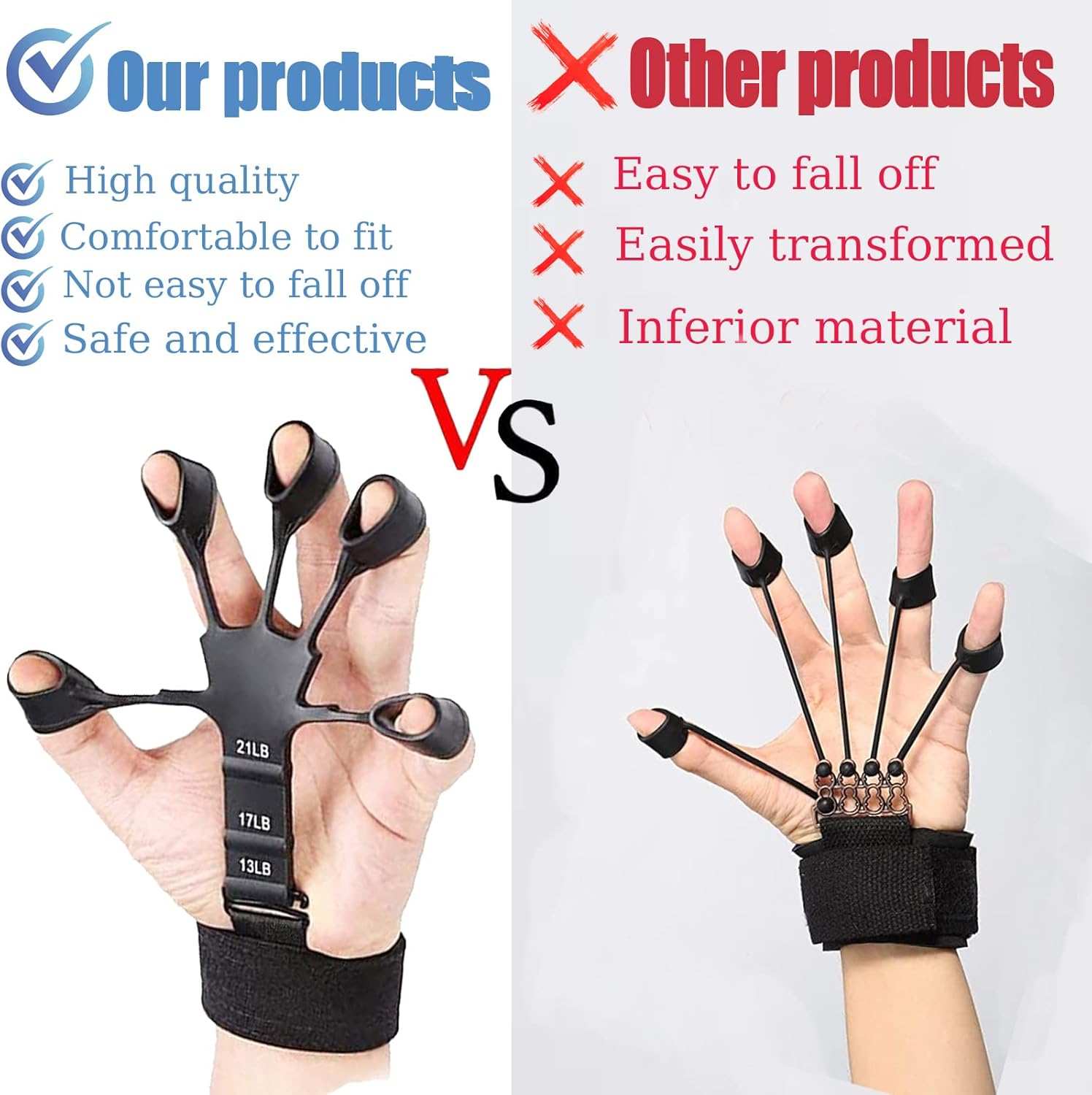 Pro Wrist & Forearm Strength Trainer showing adjustable finger resistance levels and secure wrist strap comparison with inferior alternatives