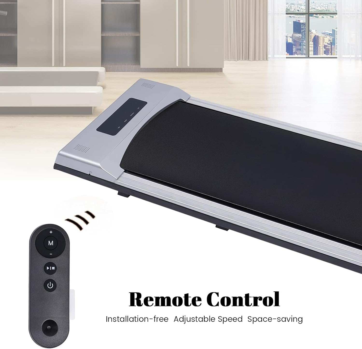 Electric treadmill portable under desk walking pad with remote control in modern home office setting