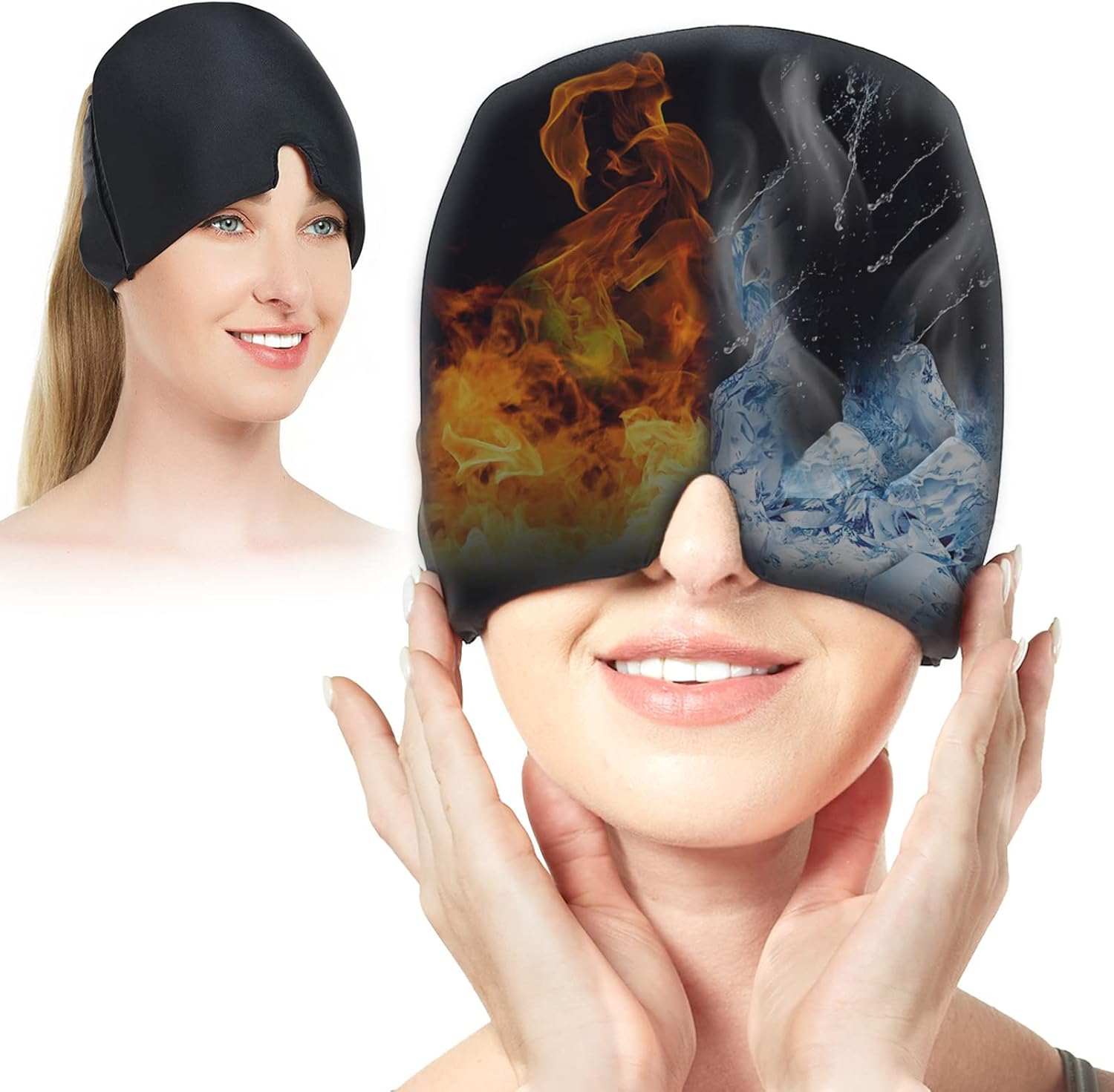 Woman wearing black headache relief hat with cooling gel for migraine and tension headache relief