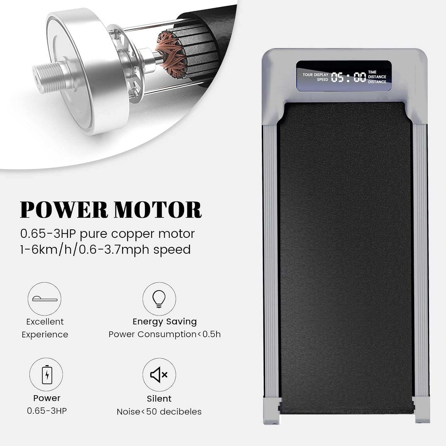 Electric treadmill with portable under desk walking pad, 0.65-3HP motor, remote control, and LED display for quiet, space-saving indoor walking and jogging.