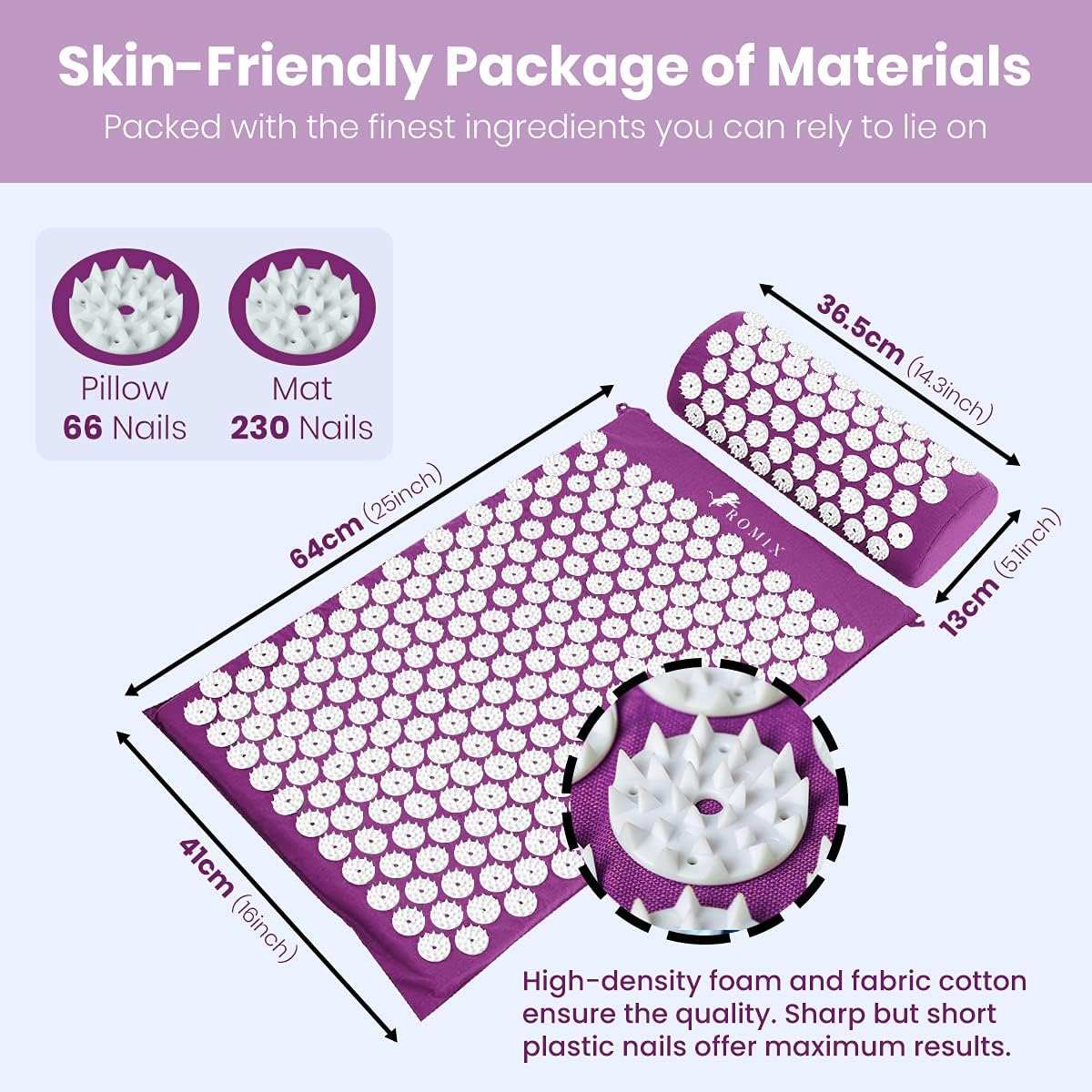 Purple Acupressure Cushion and Massage Mat with 66 and 230 nails, high-density foam, and cotton fabric for pain relief and relaxation