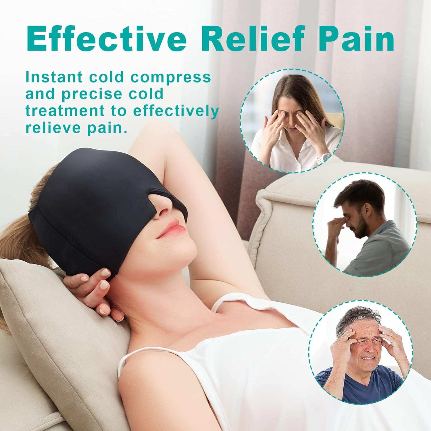 Headache Relief Hat with cooling gel and 360° compression for migraine and stress pain relief
