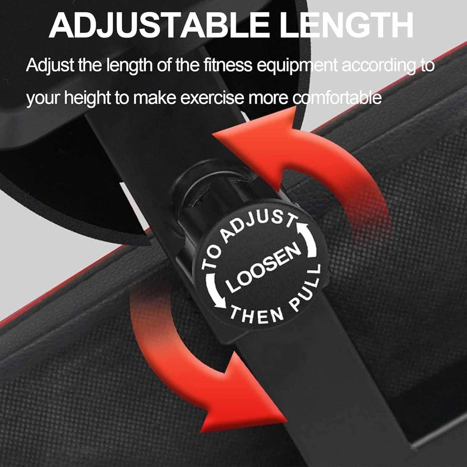 Close-up of adjustable length knob on 4-in-1 Core Trainers Dragonfly Rowing Machine with instructions to loosen and pull for height adjustment