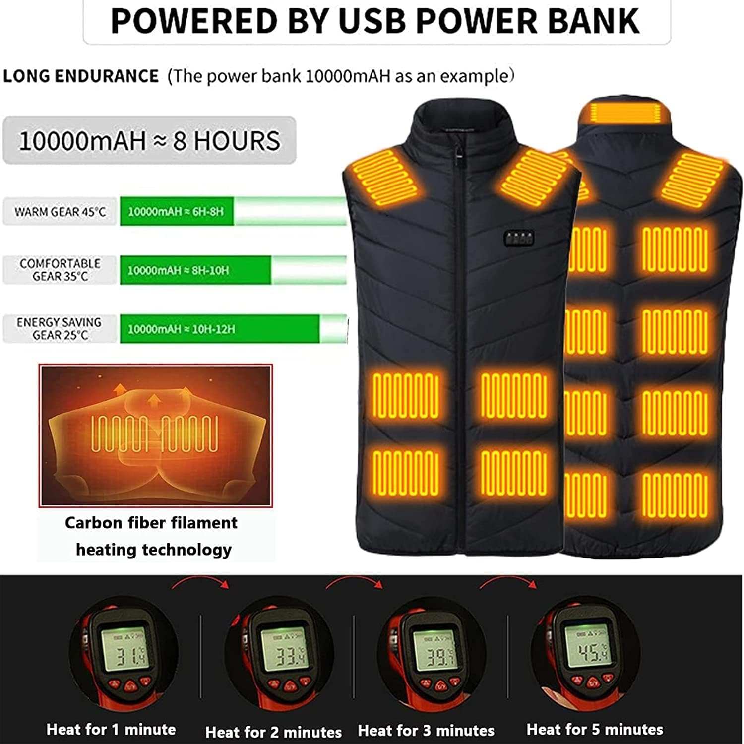 Unisex warming heated vest with 13-17 heating zones, USB powered, adjustable temperature, lightweight and ergonomic design for outdoor winter activities