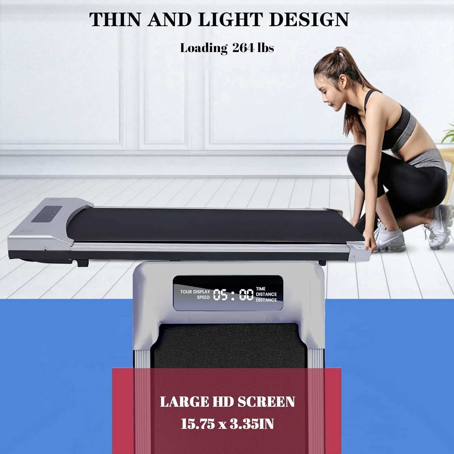 Portable electric treadmill with remote and large HD display, slim foldable design supporting up to 264 lbs, ideal for under desk walking.