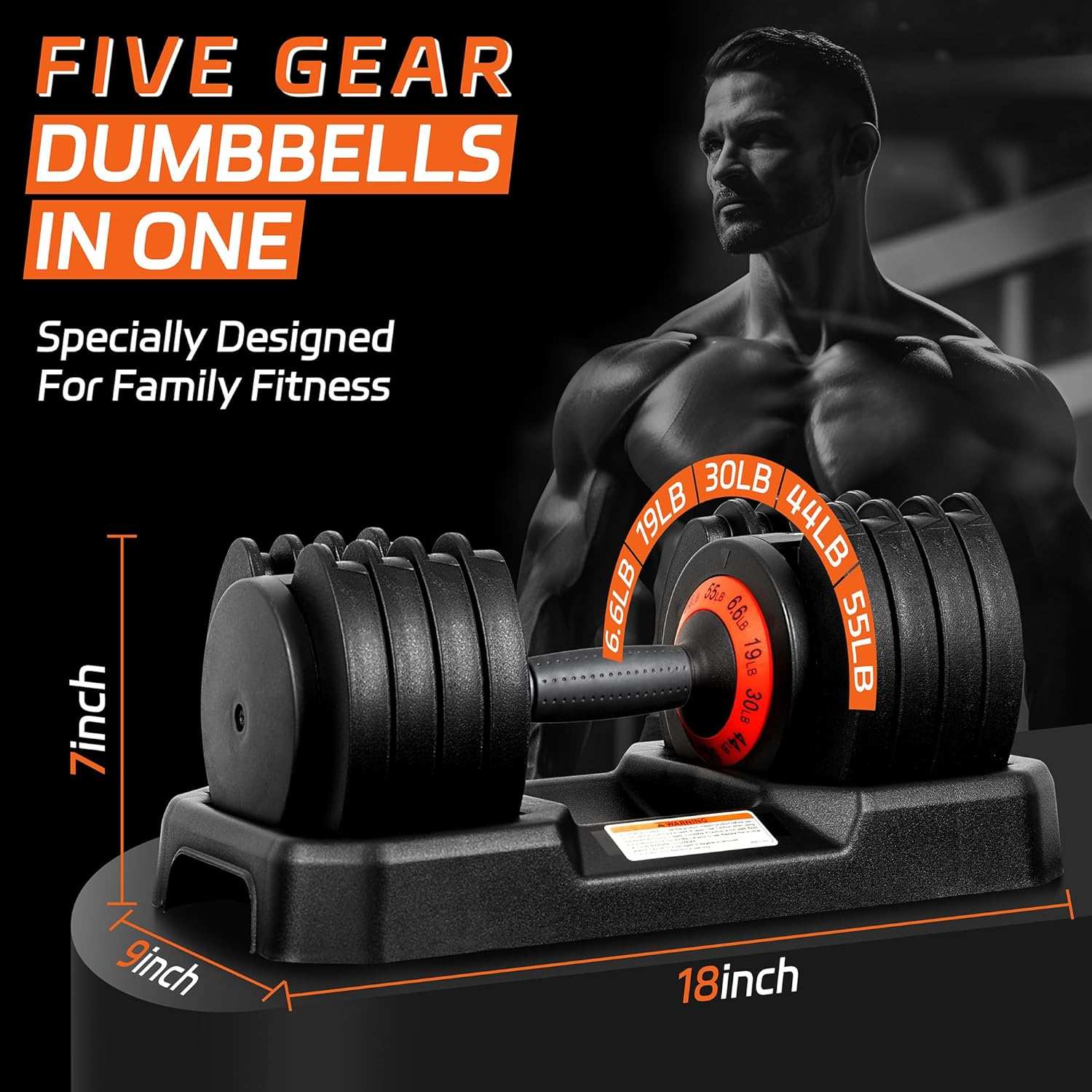 Adjustable 55LB dumbbell set with tray featuring five weight levels and ergonomic design for home fitness