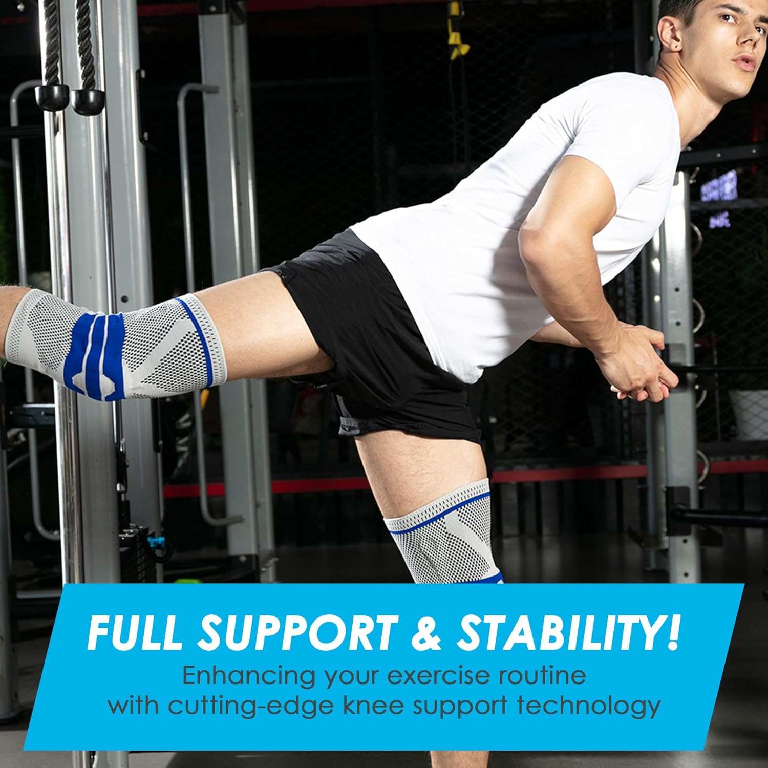 Active man wearing knee brace with patella gel pad and side stabilizers during workout for support and stability