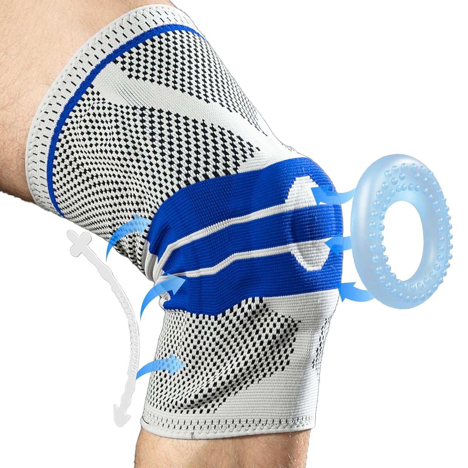 Knee Brace with Patella Gel Pad and Side Stabilizers in breathable compression fabric for support and injury prevention