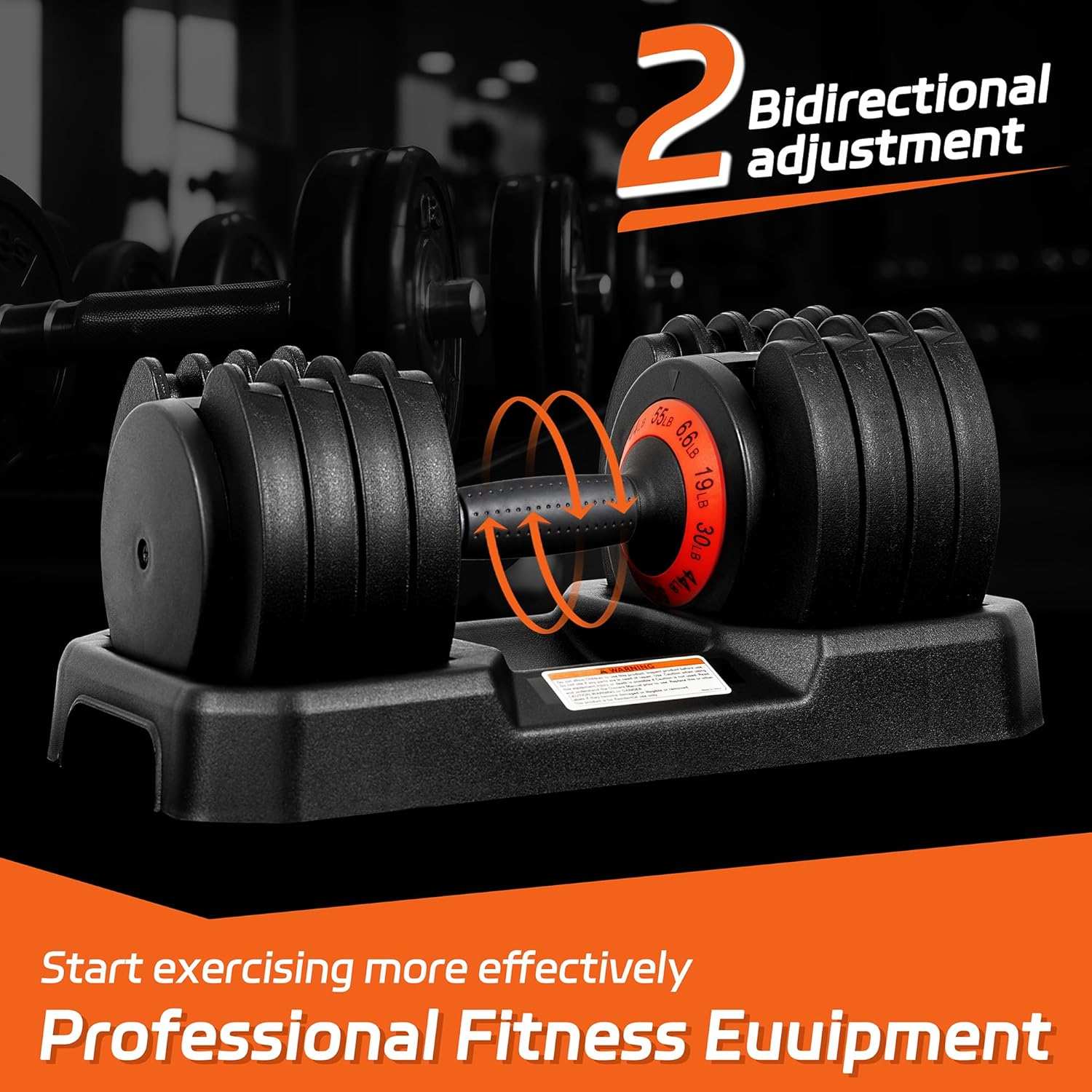 Adjustable 55LB dumbbell set with tray featuring bidirectional weight adjustment and professional fitness design