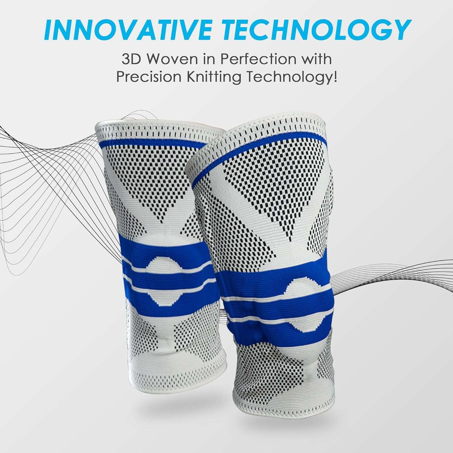 Pair of breathable knee braces with patella gel pad and side stabilizers in white and blue compression fabric
