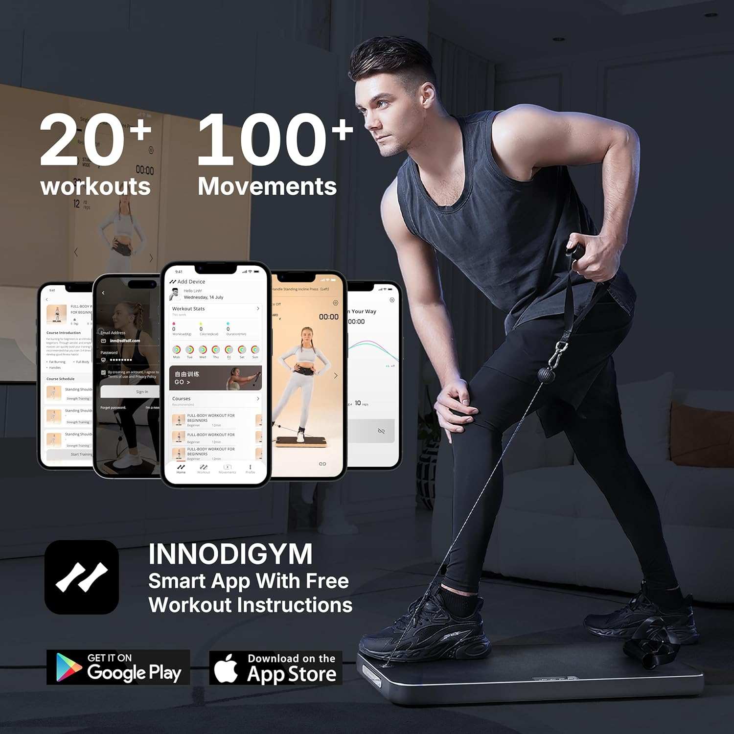 Man exercising with Smart Home Gym P1 Lite Plus and INNODIGYM app showing 20+ workouts and 100+ movements on smartphone screens