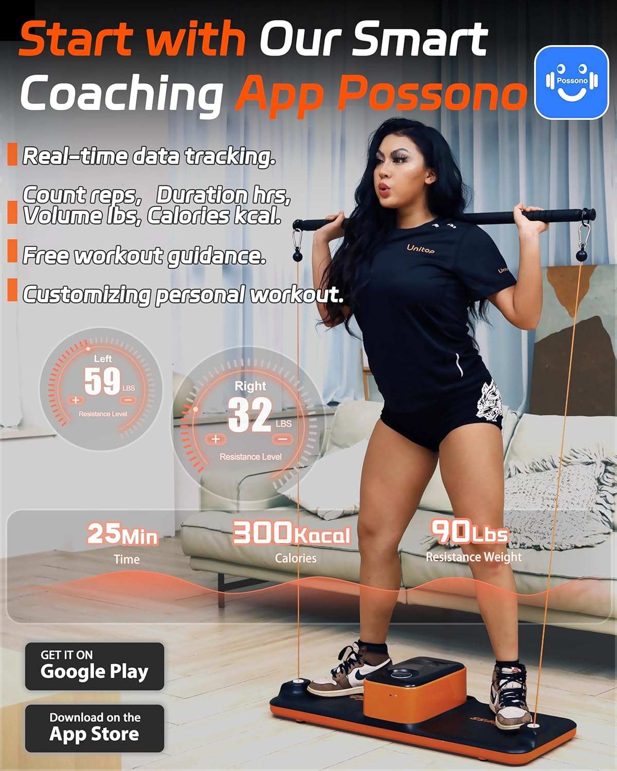 Woman using Smart Home Gym Workout Cable Machine U-Trainer with app for full-body fitness training