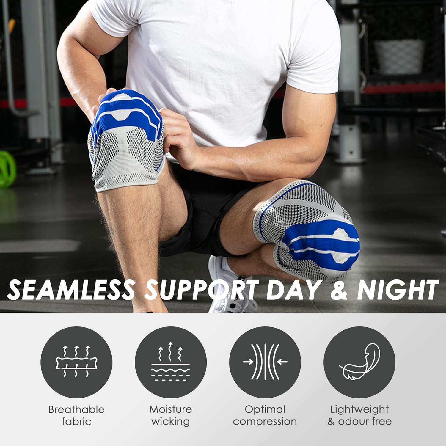 Knee brace with patella gel pad and side stabilizers in blue and grey, breathable compression fabric for workout support.
